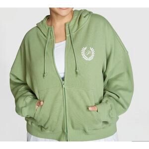VS Pink Everyday Fleece Full-Zip Relaxed Fleece Wild Grass Green Hoodie Sz Med